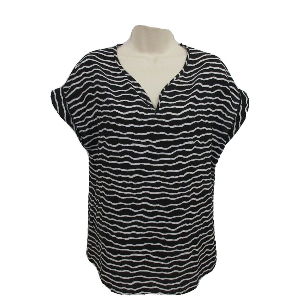 Antilia Femme Tunic Blouse Sz Medium Black White Wavy Striped V-Neck Cap Sleeve
